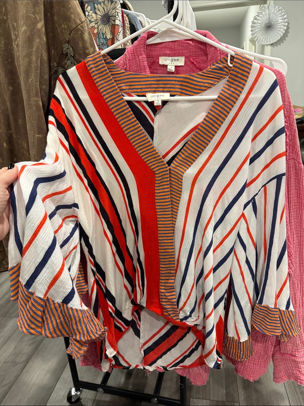 Umgee Red, White & Navy Striped V-Neck Peasant Top